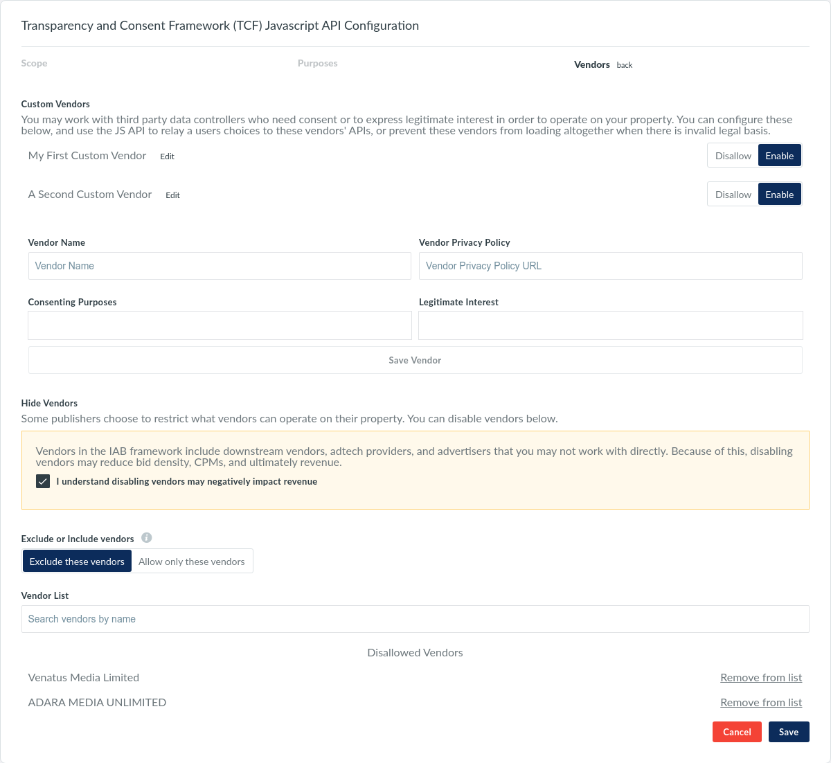 Screenshot of CMP Client Vendor Configuration